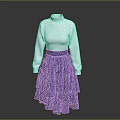 White High Neck Long Sleeve Top With Blue Layered Asymmetrical Hem Skirt