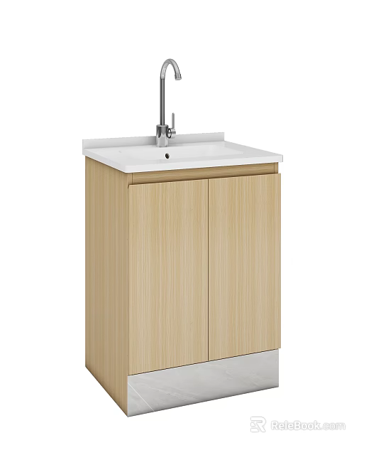 Wooden Bathroom Vanity With White Countertop And Chrome Faucet Design 3d model 