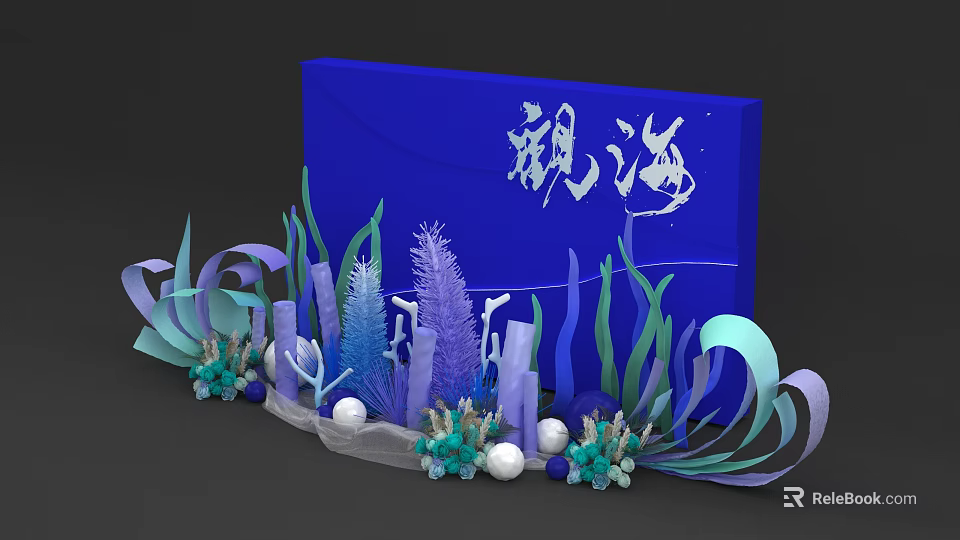 Blue Background Photo Check In Spot With Guan Hai Characters And Ocean Decorations 3d model 