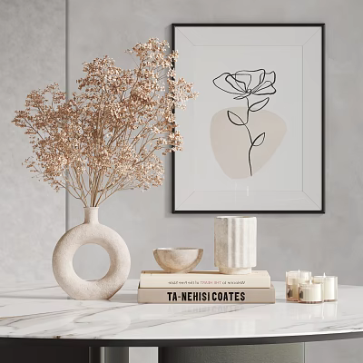 Minimalist Ornament Decor Set with Circular Vase Dried Flowers Bowl Books Candles and Wall Art 3d model