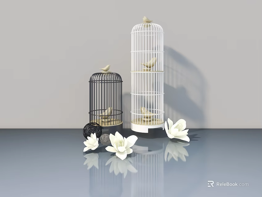 Modern Swing Door with Black and White Birdcages and White Flowers 3d model 