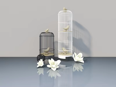 Modern Swing Door with Black and White Birdcages and White Flowers 3d model