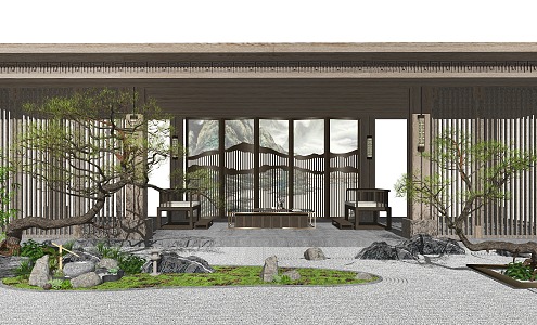 Chinese style courtyard landscape sketch dry landscape 3d model