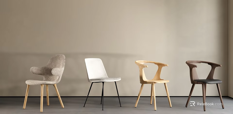 Four Different Designed Dining Chairs Arranged Against Light Colored Wall With Gray Floor 3d model 