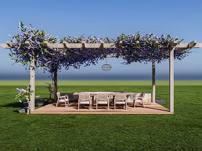 Outdoor Pergola With Purple Wisteria Vines Wooden Structure Tables And Chairs On Green Lawn Seaside View 3d model