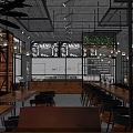 Industrial Restaurant Interior With Stone Wall Pendant Lights Wooden Tables Chairs Staircase And Plants