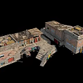 Detailed Urban Warfare Game Map 3D Model Featuring Damaged Brick Buildings Roof Flags And Graffiti