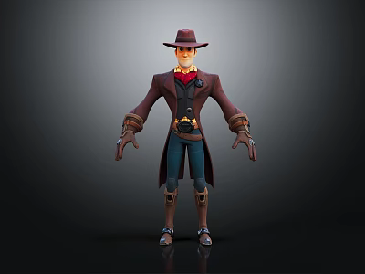 3D Cowboy Style Character Model Wearing Brown Coat Blue Pants Leather Gloves And Red Scarf 3d model