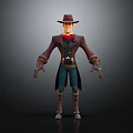 3D Cowboy Style Character Model Wearing Brown Coat Blue Pants Leather Gloves And Red Scarf