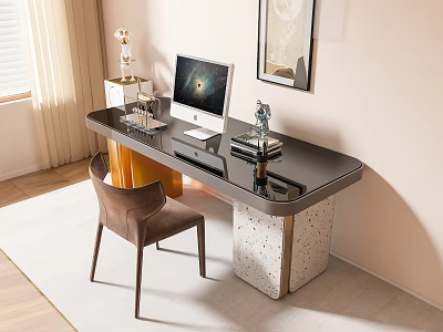Elegant Modern Desk With Black Glass Top Stone Base Desktop Computer Lamp And Brown Chair 3d model