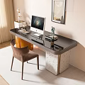 Elegant Modern Desk With Black Glass Top Stone Base Desktop Computer Lamp And Brown Chair