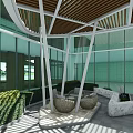 Modern Garden Courtyard Featuring Large Tree Lawn Wicker Furniture Glass Orbs And Sunlight Shadows