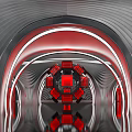 Futuristic Metallic Tunnel Design With Silver Wave Patterns And Red Accents