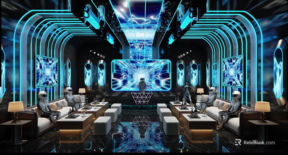 Modern KTV Lounge Interior With Neon Lights Large LED Screen And Comfortable Sofa Seats 3d model 