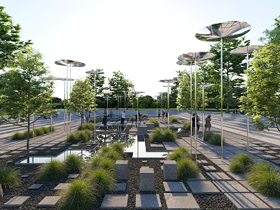 Modern Outdoor Public Space Featuring Metallic Canopy Structures Water Ponds Green Plants And Stone Pathways 3d model