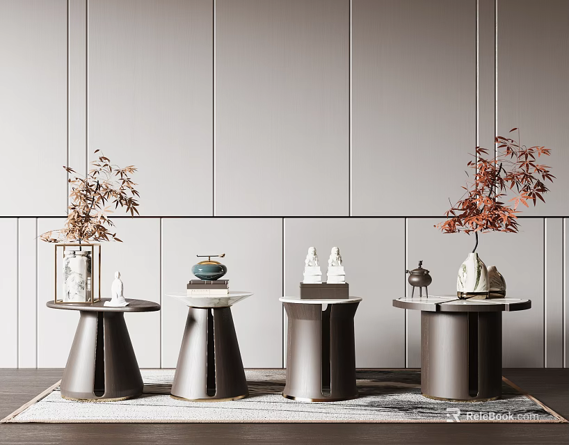 Modern Round Side Tables With Metal Bases Marble Tops Decorative Vases And Autumn Plants 3d model 