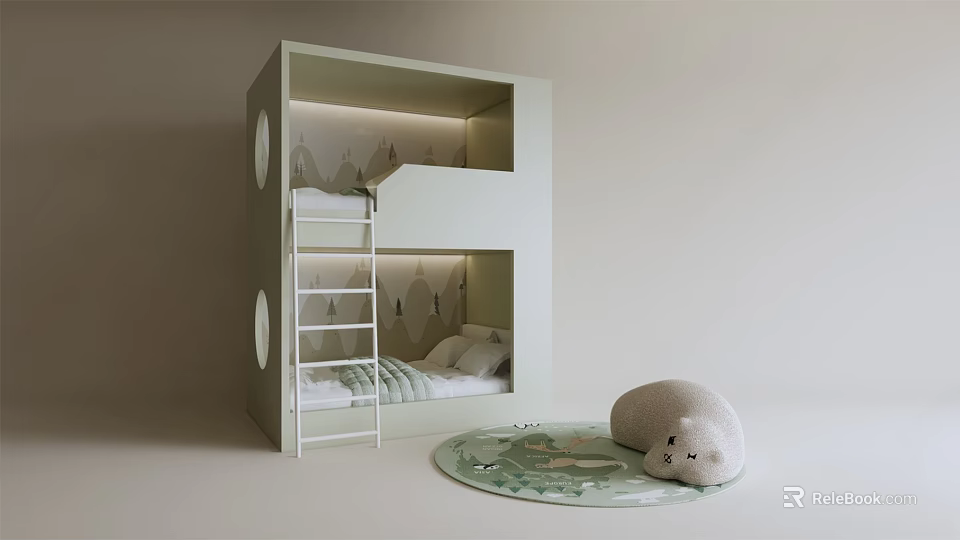 Light Green Bunk Bed With Ladder Mattress Sheets LED Lighting Round Rug Stuffed Bear 3d model 