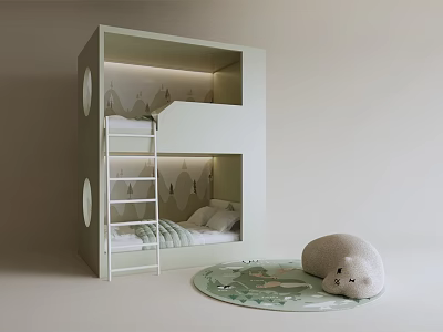 Light Green Bunk Bed With Ladder Mattress Sheets LED Lighting Round Rug Stuffed Bear 3d model