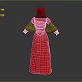 Woman in Red Traditional Dress with Black Headscarf Green Sleeves and Gold Trim