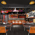 Modern Restaurant Interior With Orange Counter Seating Area And Digital Menu Screens 3d model