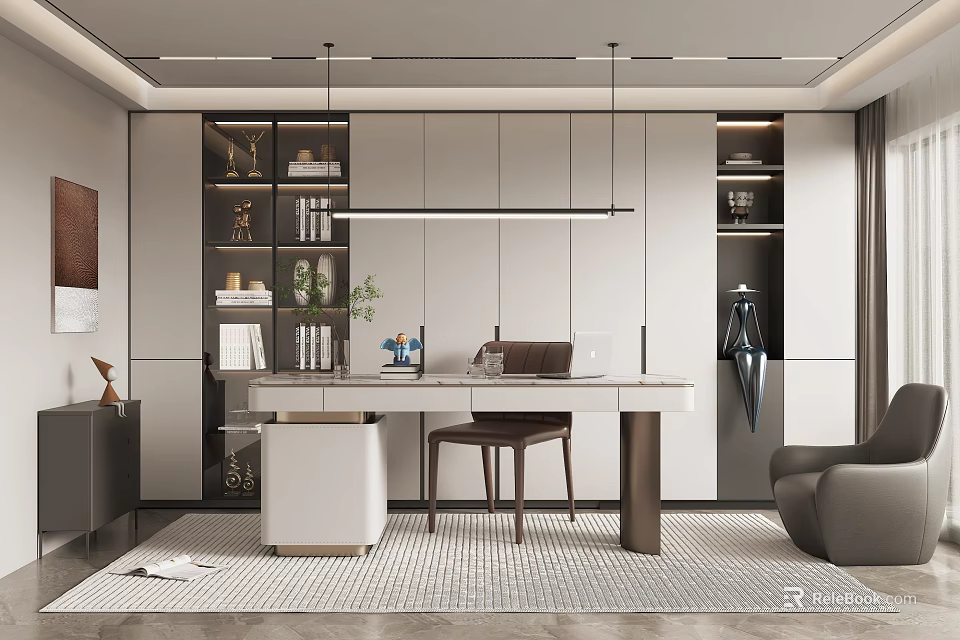 Modern Study Room Interior With Built in Bookshelves Writing Desk Leather Chair And Pendant Lights 3d model 