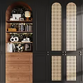 Wooden Chest of Drawers Under Arched Open Shelf With Black Wall and Grid Patterned Cabinets