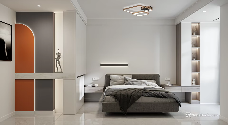 Modern Minimalist Bedroom Interior With Grey Bed Nightstands Ceiling Light And White Wardrobe 3d model 