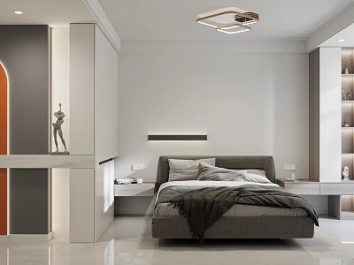Modern Minimalist Bedroom Interior With Grey Bed Nightstands Ceiling Light And White Wardrobe 3d model