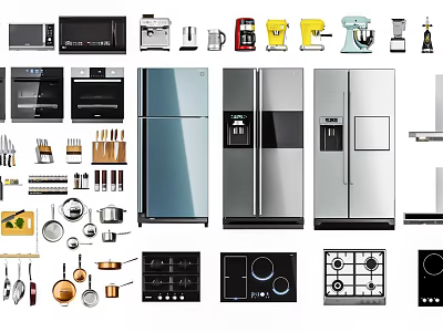 Essential Modern Kitchen Appliances Including Refrigerators Microwaves Ovens Coffee Makers And Cookware 3d model