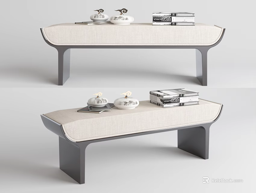 Modern Beige Cushioned Ottoman With Gray Frame Tea Sets And Books 3d model