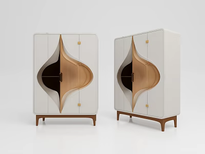 Modern Sideboard With White And Wooden Finish Unique Geometric Shape And Golden Accents 3d model