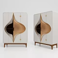 Modern Sideboard With White And Wooden Finish Unique Geometric Shape And Golden Accents