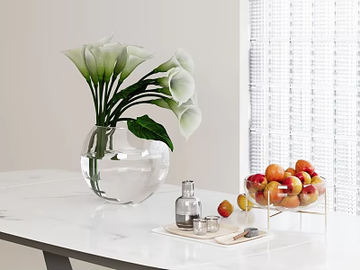 Transparent Spherical Vase with White Calla Lilies on White Marble Tabletop 3d model