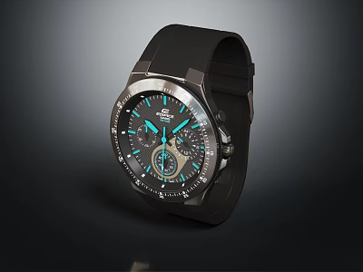 Modern Sport Watch With Black Dial Blue Hands And Rubber Strap Design 3d model