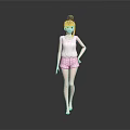 Game Female Character 3D Model With Black Bun Hair White Tank Top Pink Shorts And Barefoot