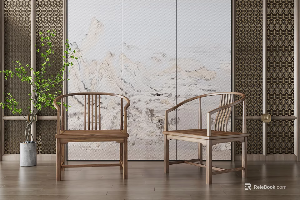 Two Chinese Style Wooden Leisure Chairs With Traditional Design And Mountain Painting Screen 3d model 