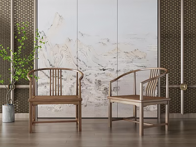 Two Chinese Style Wooden Leisure Chairs With Traditional Design And Mountain Painting Screen 3d model
