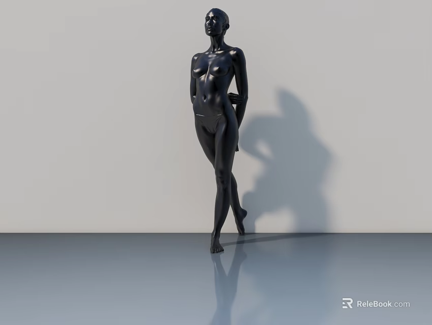 Modern Black Human Sculpture Standing Pose with Smooth Surface on Gray Floor Against White Wall 3d model 
