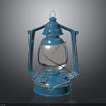Vintage Blue Kerosene Lamp Furniture Piece With Metal Frame And Glass Shade