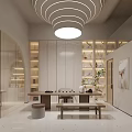 Stylish Modern Beauty and Hair Salon Interior with Curved Reception Desk and Soft Lighting