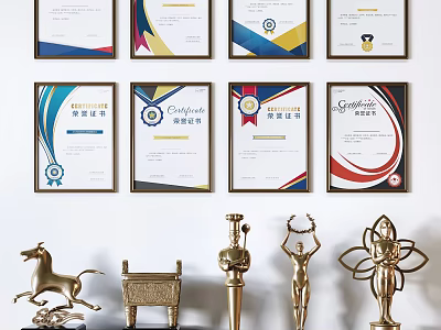 Golden Trophy And Medal Display With Wall Mounted Certificates And Decorative Award Sculptures 3d model