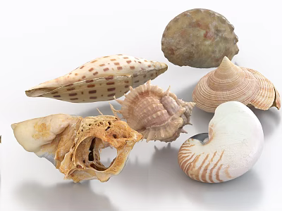 Assorted Natural Seashell Decorative Ornament Set With Spiral And Spotted Shells 3d model