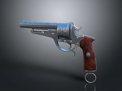 Vintage Revolver With Metallic Body Engraved Details Red Grip And Hanging Ring 3d model