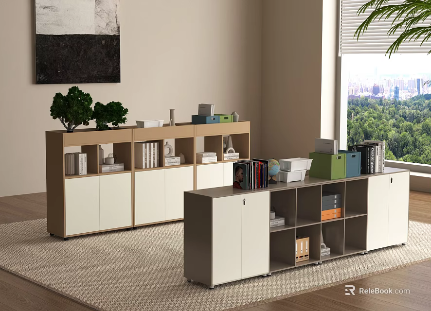 Wooden And White File Cabinets With Drawers Open Compartments And Books Boxes In Office Interior 3d model 