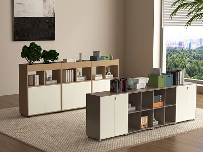 Wooden And White File Cabinets With Drawers Open Compartments And Books Boxes In Office Interior 3d model