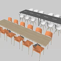 Long Office Desks With Light Wooden Tabletop Orange Chairs And Gray Tabletop White Chairs