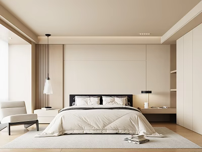Modern Bedroom Interior With Large Bed White Bedding Nightstands Table Lamps And Rug 3d model