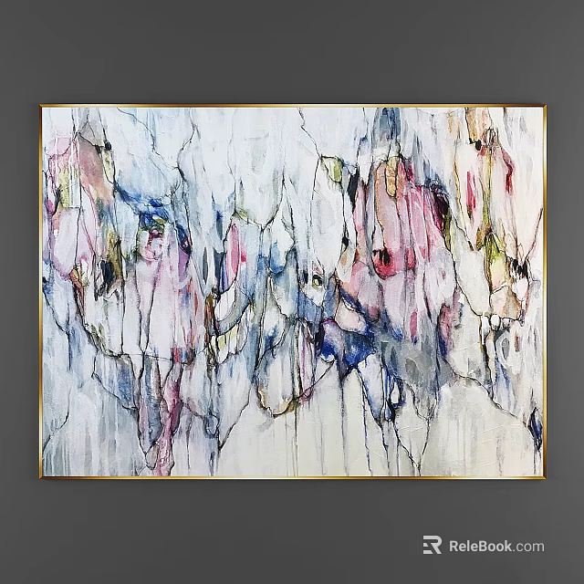 Decorative Photo Frame With Golden Border And Abstract Painting In Pink Blue White Colors 3d model 