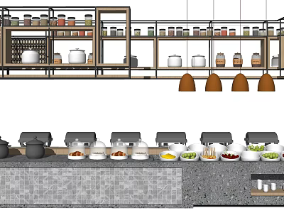 Buffet Counter With Glass Domes And Shelves Holding Jars And Dishes 3d model
