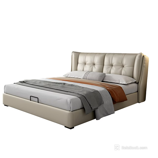Modern Double Bed With Upholstered Headboard Button Tufted Design And Gray Orange Bedding 3d model